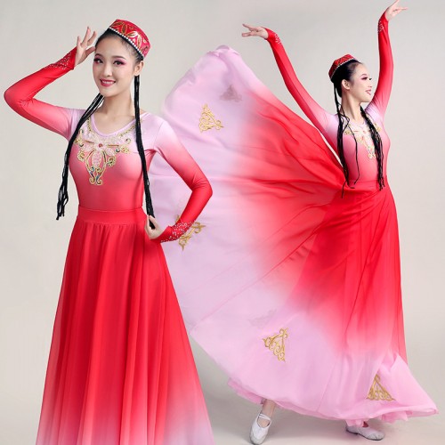 Pink Gradient coloted Xinjiang dance Dresses for women minority Uyghur dance clothes Chinese style Practice dress for woman